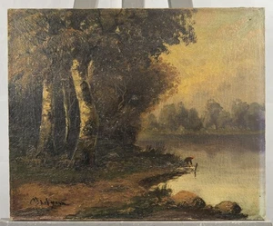 Ancienne huile sur toile : paysage lacustre Ecole de Barbizon Fontainebleau ? - Foto 1 di 12