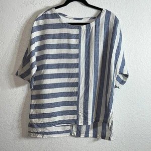 Caslon linen blue& white stripe short sleeve popover shirt Coastal Beach Casual - Picture 1 of 11