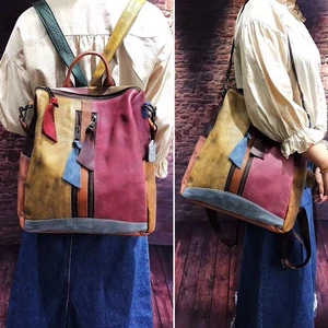 Mochila Cartera Bolso de Hombro 2 Vías Multicolor Vintage Parche Cuero Real Cepillado - Imagen 1 de 10