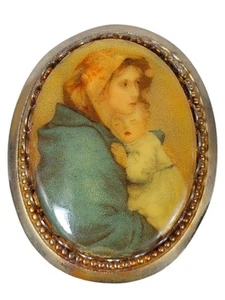 Vtg Brooch Mother Baby Portrait Gold Tone Oval Porcelain Transferware Pin 1 7/8" - Picture 1 of 7