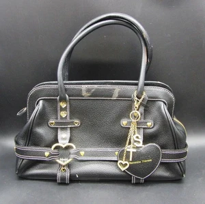 Samantha Thavasa Black Leather Top Handle Bag Handbag with Gold Tone Hearts - Picture 1 of 11