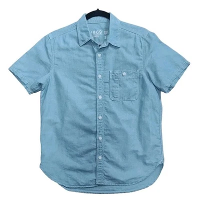 Camisa Gap 1969 Pequeña Azul Manga Corta Cambray Trabajo Informal Bolsillo Abotonado Foto 1 de 4