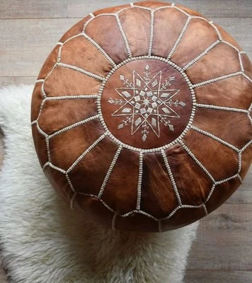 Puf redondo genuino de cuero otomano marroquí hecho a mano reposapiés puf cubierta boho Foto 1 de 3
