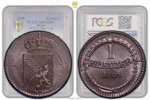 Alemania, Baden, 1 Kreuzer 1808, placa AKS-20, Top Pop, PCGS MS 64 BN - Imagen 1 de 9