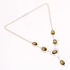 925 Silver Smoky Quartz Stone Wedding Mother Chain Dainty Handcrafted Necklace - Picture 1 of 7