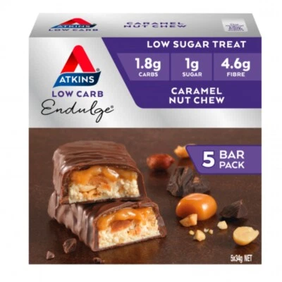 Atkins Low Carb Endulge Bars 5 x 34g - Caramel Nut Chew Low Sugar Treat Indulge - Image 1 of 2