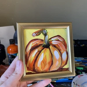 Mini Gemälde auf Leinwand Original 4/4, Klein, Geschenk, Abstrakter Kürbis, Gerahmt - Bild 1 von 5