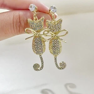 WomenGold Plated Full Zircon Cat Earrings Stud Animal Dangle Fashion Jewelry - Picture 1 of 3