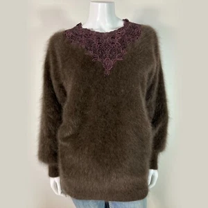 80% Angora Fuzzy Vintage VENESHA Brown Long-Sleeve Lace Front Sweater 40 in Bust - Picture 1 of 10