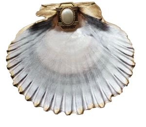 Shell Art Hand painted Dish; Scallop shell Ring Dish Gold Trim-Decoupage - Picture 1 of 4