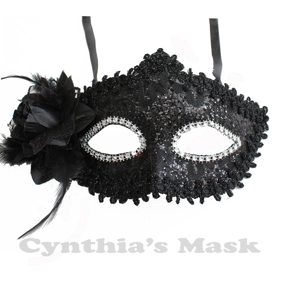 Black Floral Venetian Masquerade Mask w/Rhinestones and Glitter Party Prom - Image 1 of 1