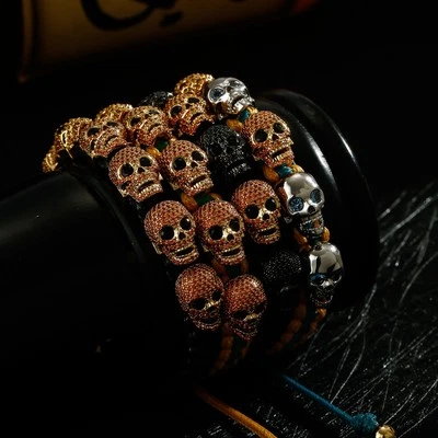 Zircon Skull Hand Braided Bracelets Copper Beads Classic Adjustable Chain Bangle - Image 1 of 4