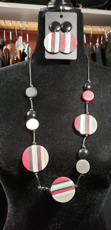 Sylca Adjustable Necklace 10"-15" & 2.5% Earring/Black, Burgundy, White Stripes  - Image 1 of 4