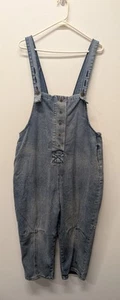 Womens XL Denium Barrel Body Wide Leg Bib Overalls Distressed Boho Hippie - Picture 1 of 9