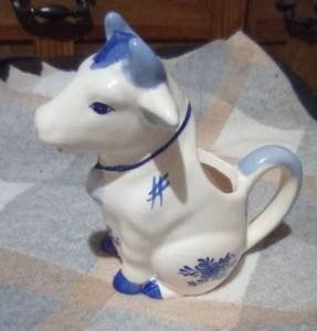 WHITE And Blue CERAMIC Small Cow Creamer White Porcelain 5" TALL - Picture 1 of 5