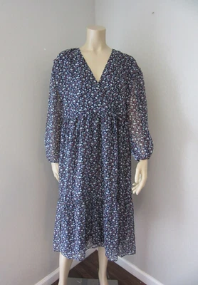 MADEWELL Blue Floral Long Puff Sleeves Layered Lined Chiffon L Dress - Image 1 of 4