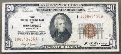 1929 $20 FRBN ~ MINNEAPOLIS ~ VERY FINE ~ Fr. 1870-I  ~ Ser# I 0064 3456 A - Image 1 of 3