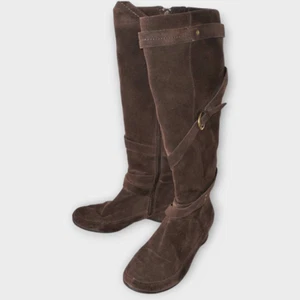 Me Too Womens Boots Sz 8.5 Brown Suede Tall Wedge Buckle Strappy Boots - Picture 1 of 11