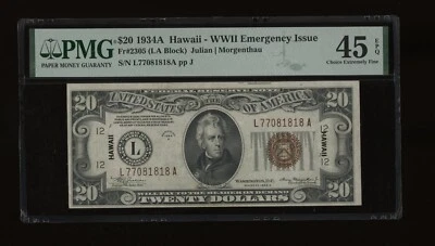 DBR 1934-A $20 FRN Hawaii LA Block Fr. 2305 PMG 45 EPQ Serial L77081818A - Image 1 of 2