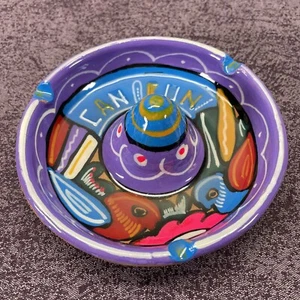 Vintage Clay Pottery Ashtray Hand Painted Purple Blue Red Cancun Mexico - Picture 1 of 4
