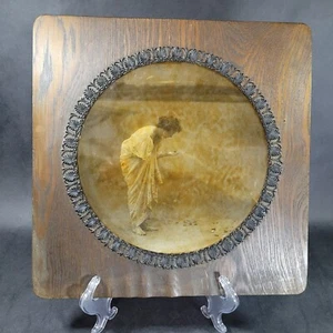 Antique Photo 1920s Lady Collecting Shells Ocene Framed Wood Board - Picture 1 of 12