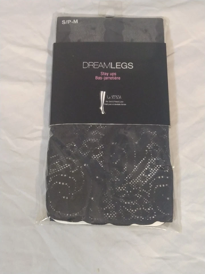La Senza Dreamlegs Stay Up Stockings Pin Dot & Floral Lace Black - Image 1 of 2