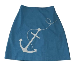 Vintage 60s 70s Midi Skirt Blue Nautical Anchor Appliqué Preppy Rockabilly - Picture 1 of 6