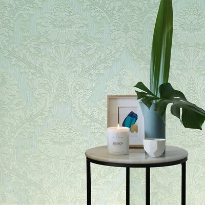 Embossed Wallpaper green beige gold metallic heavy Textured Victorian damask 3D - Image 1 of 4