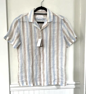 NWT Porter and Ash Linen Short Sleeve Striped Button Blouse Top Beige Blue SZ S - Picture 1 of 7