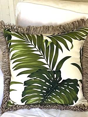 17" Hawaiian Tropical Cotton Barkcloth Fabric VINTAGE FRINGED PILLOW ~Oasis-Palm - Image 1 of 2