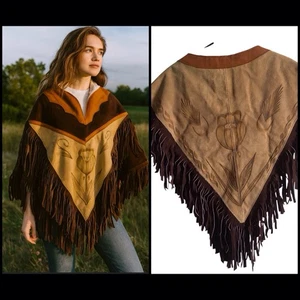 Vintage HECHO EN MEXICO Leder Wildleder Blumen Western braun hellbraun Fransen Poncho - Bild 1 von 18
