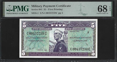 US Military Payment $5 PMG 68 EPQ UNC Series 681 P#S916-1 First Printing - Image 1 of 4