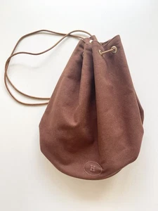 Authentic HERMES Polochon Mimil PM Drawstring Shoulder Bag Canvas Brown H Logo - Picture 1 of 13