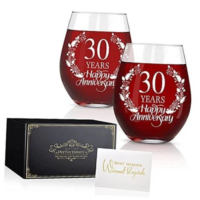  Juego de 2 copas de vino feliz aniversario 30 años, 30 30 años 30 años Foto 1 de 4