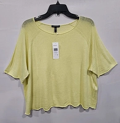 Eileen Fisher 全新带标签亚麻棉衬衫女式 L 柑橘黄色肘部 Slv 套衫 — 第 1/4 张图片