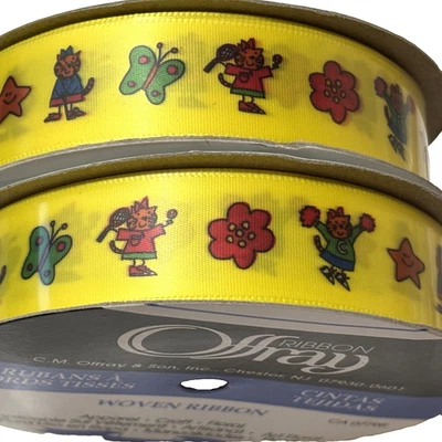 2 Spools Offray Ribbon 7/8" Yellow Printed Cat Butterfly Flower 10 Yds Ea. - Image 1 of 4