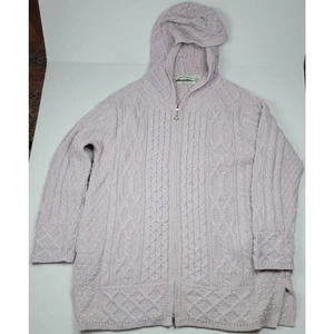 VTG Aran Crafts Lilac Merino Wool Hooded Fisherman Full Zip Cardigan L Ireland - Picture 1 of 8