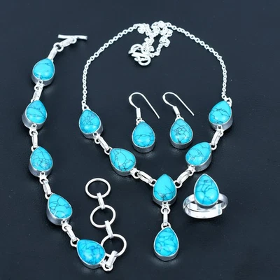 Juego de joyas de regalo de piedras preciosas de pera de plata esterlina 925 turquesa de Santa Rosa AAB 1043 Foto 1 de 4