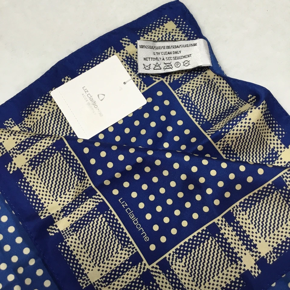 Liz Claiborne Scarf  Polka Dot 100% Silk Rare Square Blue Tan 21x21" - Image 1 of 4