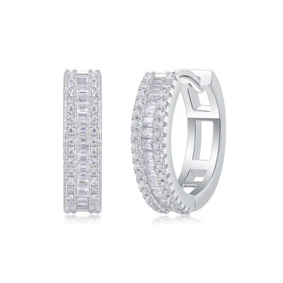 Emerald Cut Moissanite Hoop Earrings for Women Men Solid 925 Sterling Silver GRA - Image 1 of 4