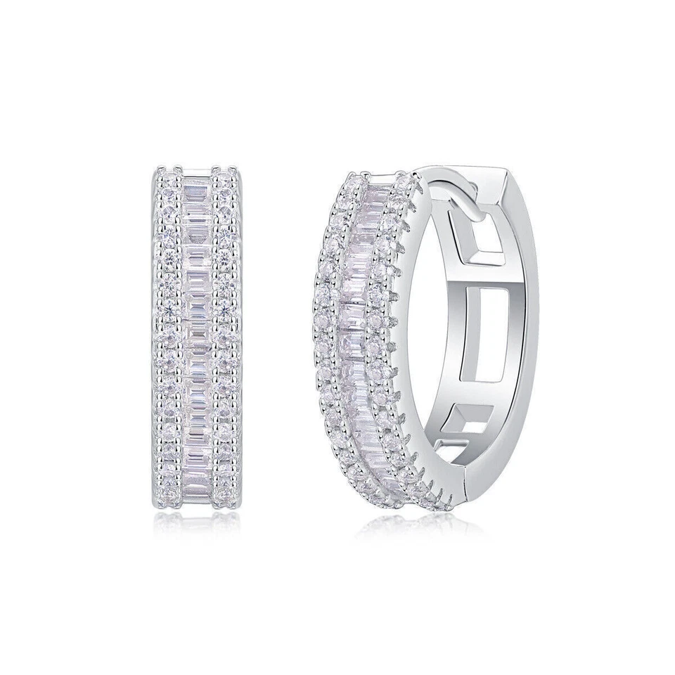 Emerald Cut Moissanite Hoop Earrings for Women Men Solid 925 Sterling Silver GRA - Image 1 of 4
