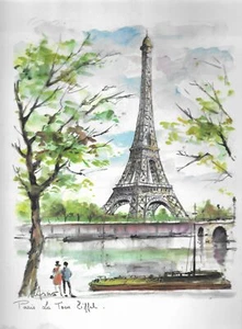 ARNO Paris Watercolor Print Eiffel Tower Lithograph - Picture 1 of 1