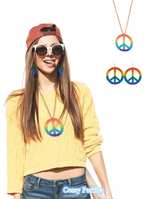 SN-E1-3 HIPPIE Collar y Pendientes SET Signos de Paz Disfraz Accesorio Años 60 70 KIT Foto 1 de 4