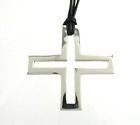 .925 Sterling Silver Cross Necklace Black Leather Cord Statement Negative Space