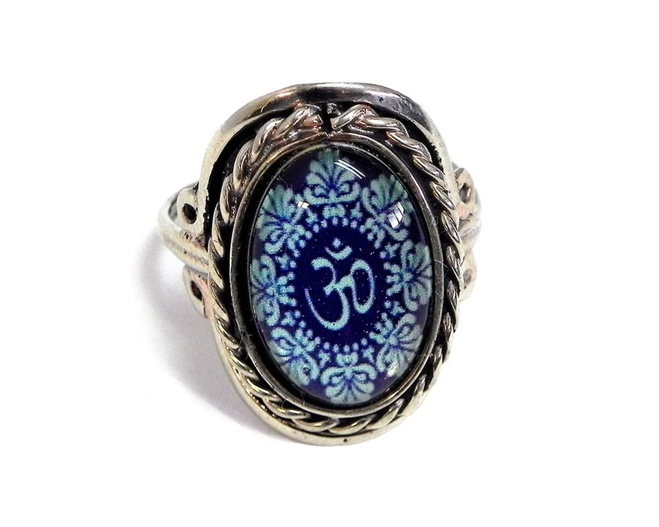 Blue Om Sign Mandala Small Silver Metal Adjustable Ring Boho Spiritual Jewelry Foto 1 de 1