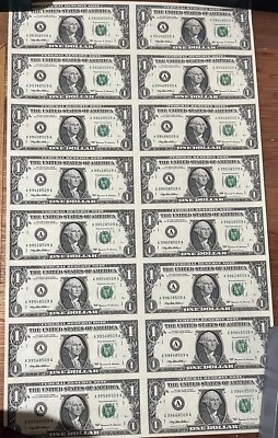 1999 Uncut Sheet Of 16 One Dollar Bills Bank Of Boston Massachusetts  - Image 1 of 2