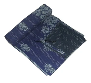 INDIAN COTTON INDIGO BLUE HAND BLOCK PRINT KANTHA QUILT BEDSPREAD BLANKET THROW - Picture 1 of 4