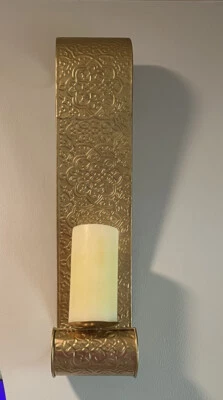 Set of 2 Large Gold Metal Scroll Wall Mounted Pillar Candle Holders Sconce 23” - Image 1 of 4