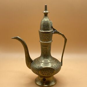 Vintage Indian Brass Coffee Pot Engraved Antique Decorative Style Tea Long Spout