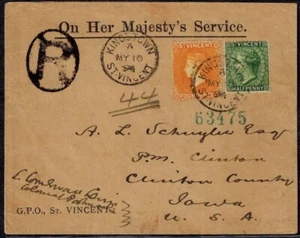 St. Vincent 1896 OHMS Stamped Cover w/SG 47w & SG 56 CV L30x5 - Picture 1 of 4